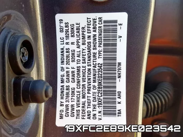 19XFC2E89KE023542 фото 2