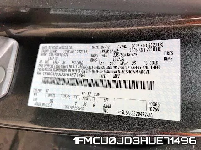 1FMCU0JD3HUE71496 фото 2