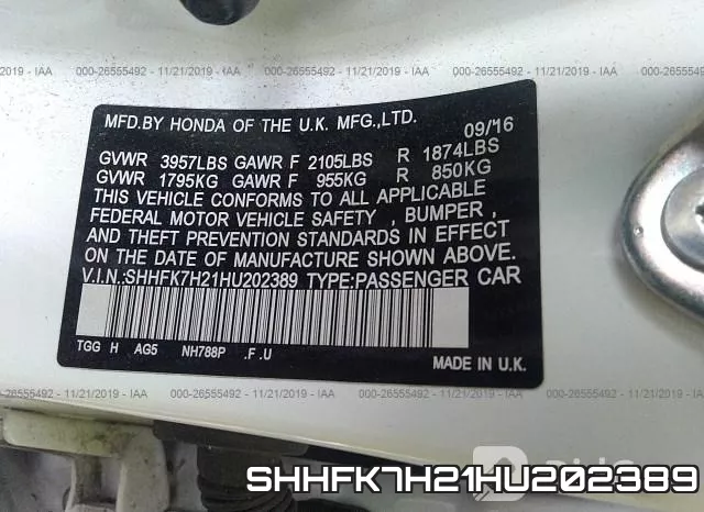 SHHFK7H21HU202389 фото 5