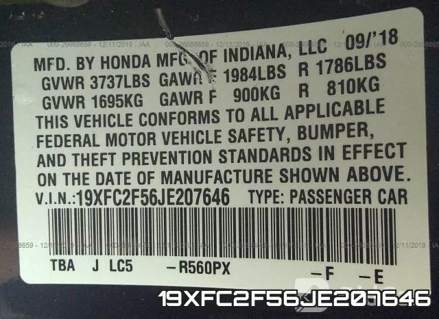 19XFC2F56JE207646 фото 7