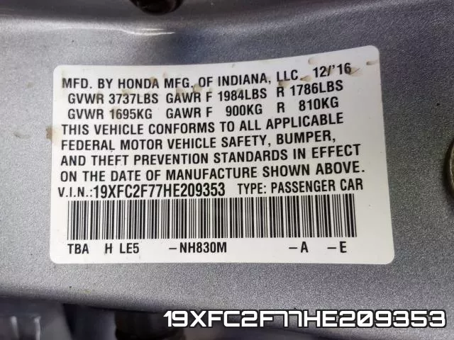 19XFC2F77HE209353 фото 2