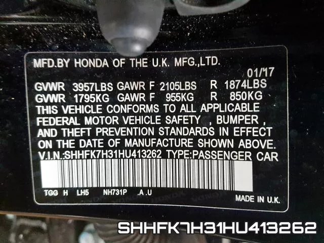 SHHFK7H31HU413262 фото 2