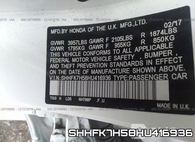 SHHFK7H58HU416936 фото 7