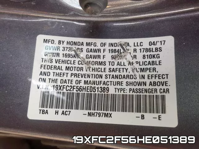 19XFC2F56HE051389 фото 2