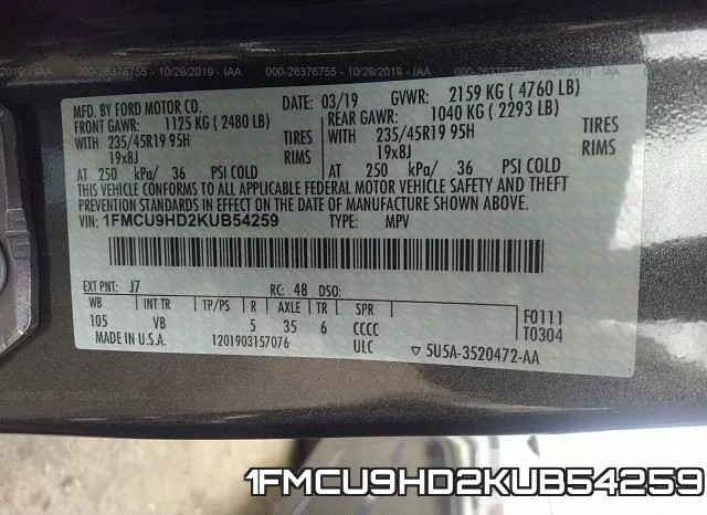 1FMCU9HD2KUB54259 фото 9