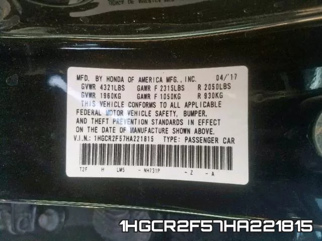 1HGCR2F57HA221815 фото 2