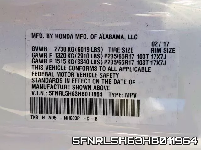 5FNRL5H63HB011964 фото 2