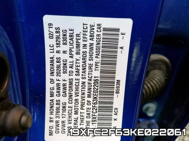 19XFC2F63KE022061 фото 2