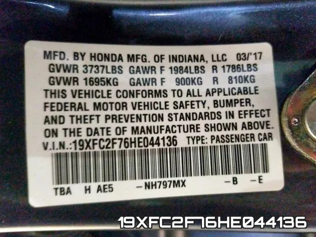 19XFC2F76HE044136 фото 2