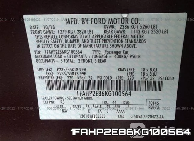 1FAHP2E86KG100564 фото 10