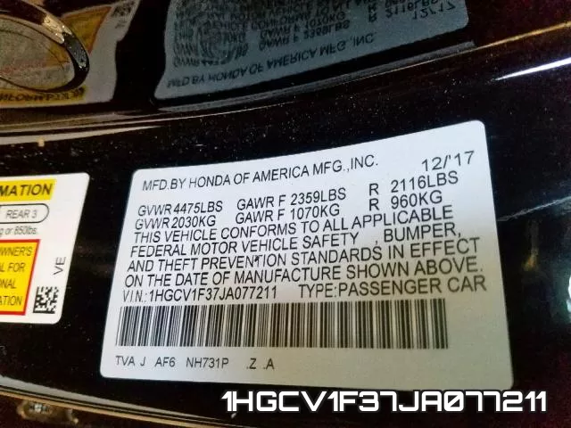 1HGCV1F37JA077211 фото 2