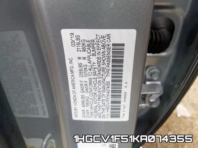 1HGCV1F51KA074355 фото 2