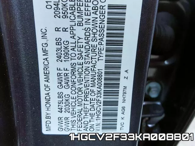 1HGCV2F33KA008801 фото 2