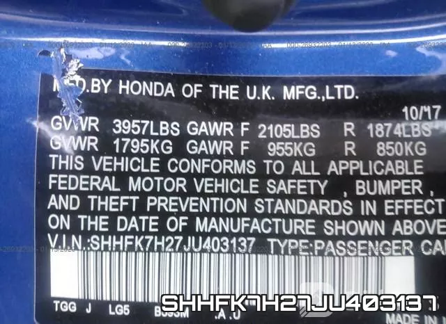 SHHFK7H27JU403137 фото 8