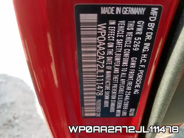 WP0AA2A72JL111478 фото 2