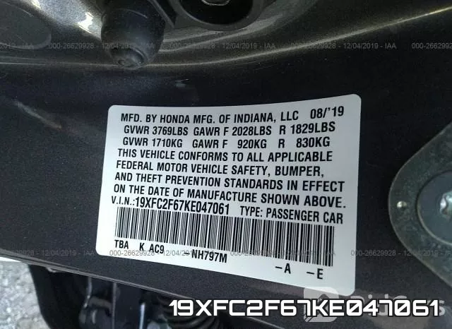 19XFC2F67KE047061 фото 8