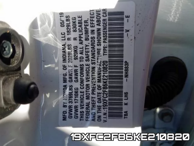 19XFC2F86KE210820 фото 2