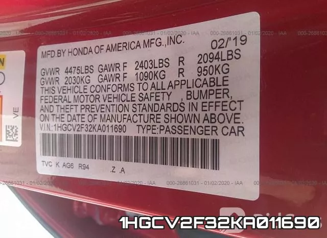 1HGCV2F32KA011690 фото 10