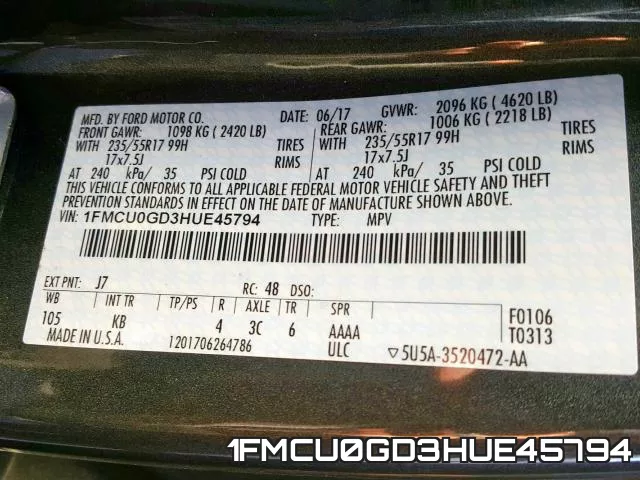 1FMCU0GD3HUE45794 фото 2