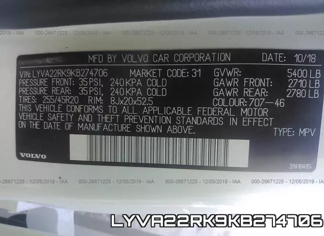 LYVA22RK9KB274706 фото 9