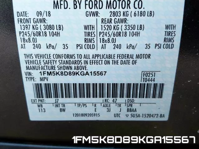 1FM5K8D89KGA15567 фото 2