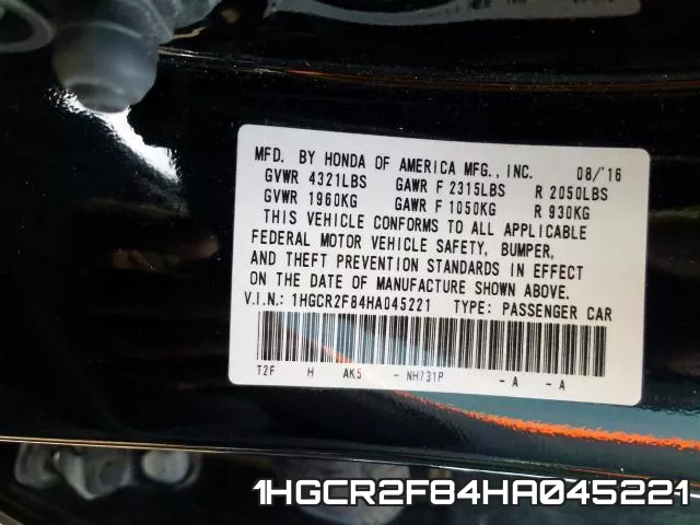 1HGCR2F84HA045221 фото 2