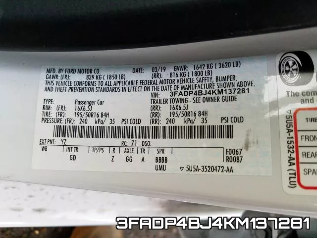 3FADP4BJ4KM137281 фото 2