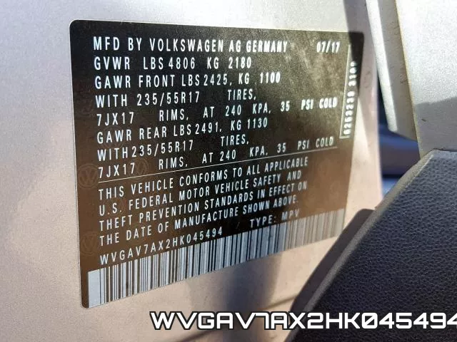 WVGAV7AX2HK045494 фото 2