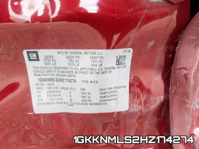 1GKKNMLS2HZ174274 фото 2