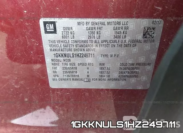 1GKKNULS1HZ249711 фото 10