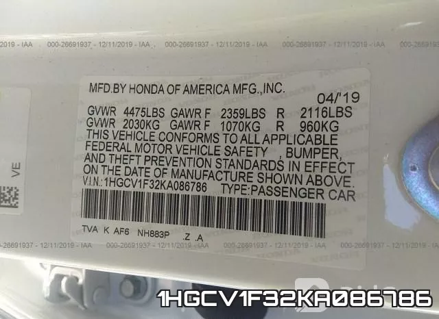 1HGCV1F32KA086786 фото 9