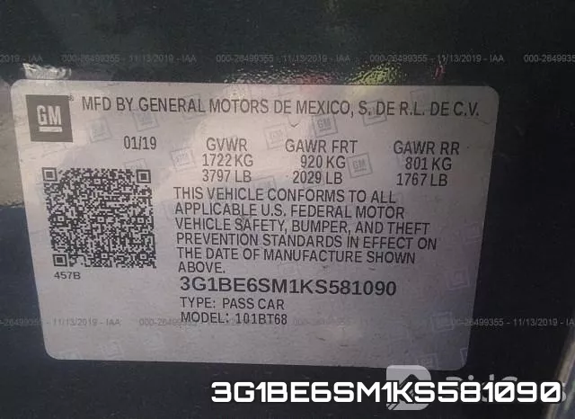 3G1BE6SM1KS581090 фото 8