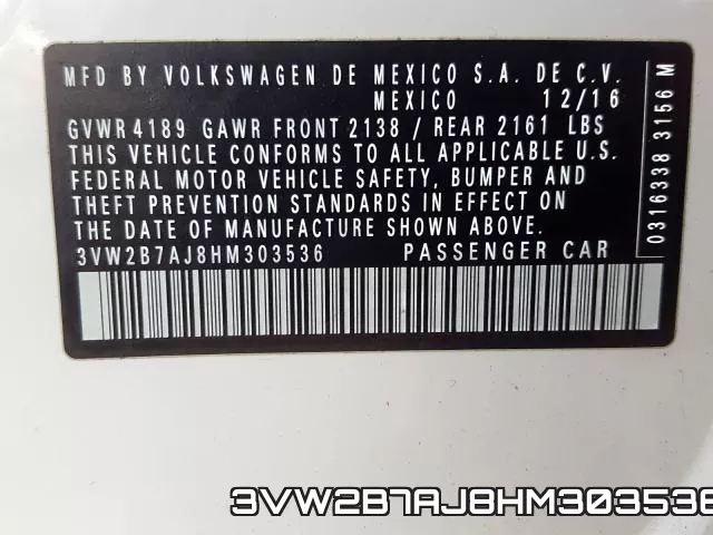 3VW2B7AJ8HM303536 фото 2