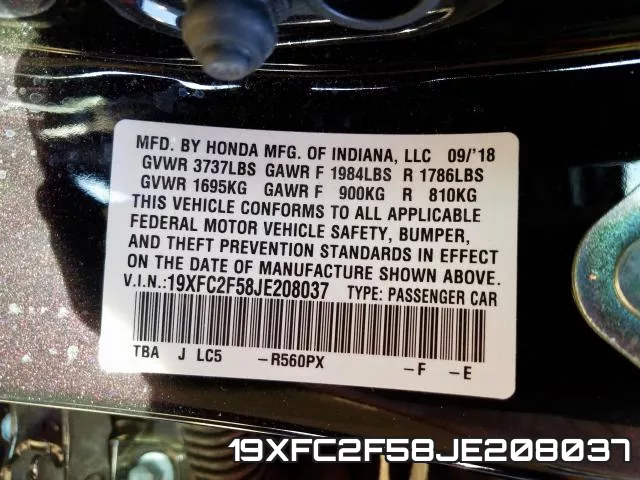 19XFC2F58JE208037 фото 2