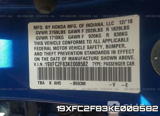 19XFC2F83KE008582 фото 7