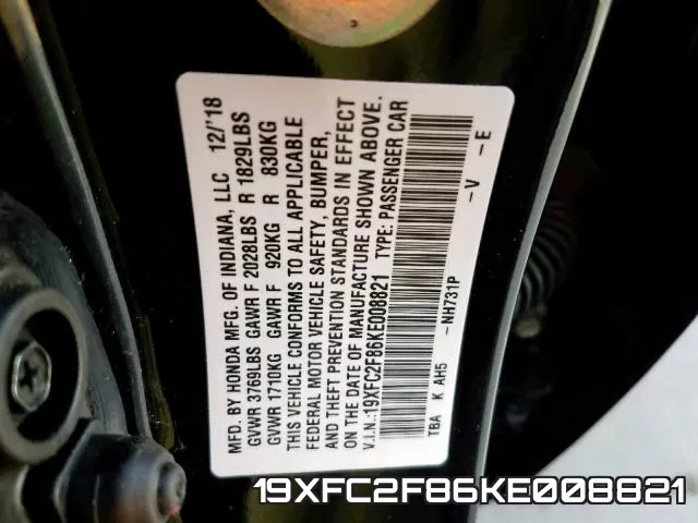 19XFC2F86KE008821 фото 2
