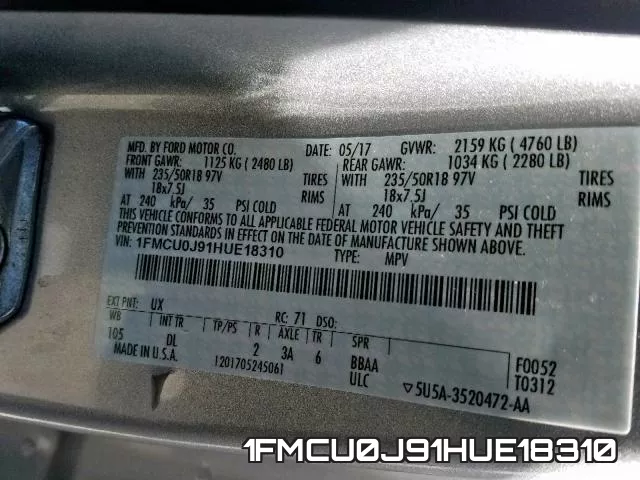 1FMCU0J91HUE18310 фото 2