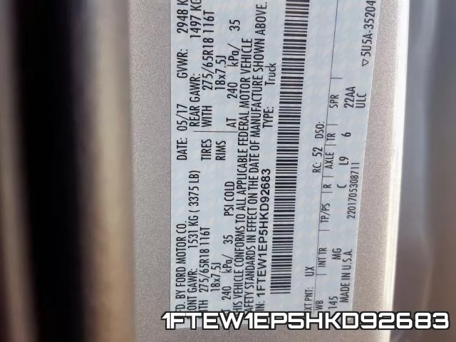 1FTEW1EP5HKD92683 фото 2