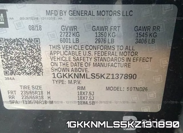 1GKKNMLS5KZ137890 фото 9
