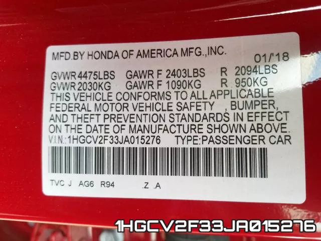 1HGCV2F33JA015276 фото 2
