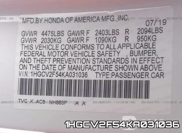 1HGCV2F54KA031036 фото 9