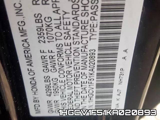 1HGCV1F51KA020893 фото 2
