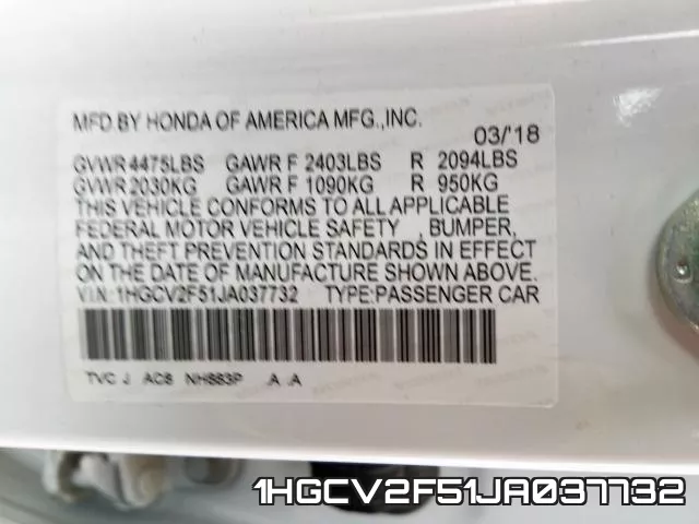 1HGCV2F51JA037732 фото 2