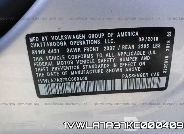 1VWLA7A37KC000409 фото 9