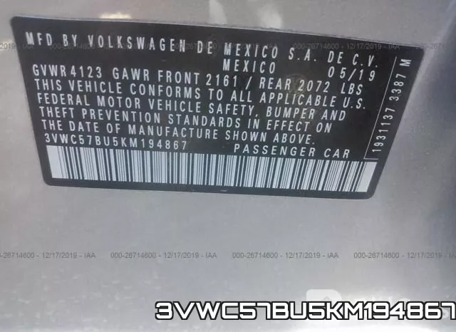 3VWC57BU5KM194867 фото 9