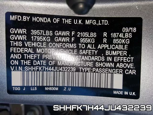 SHHFK7H44JU432239 фото 2