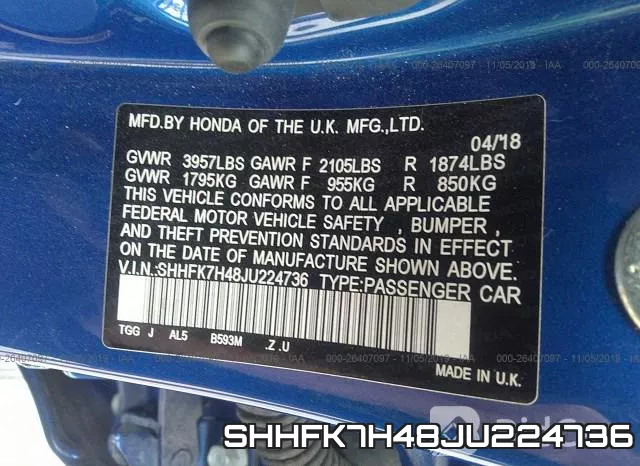 SHHFK7H48JU224736 фото 9