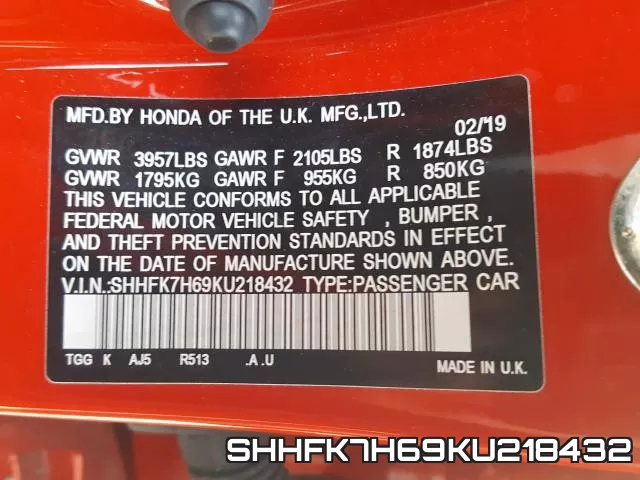 SHHFK7H69KU218432 фото 2