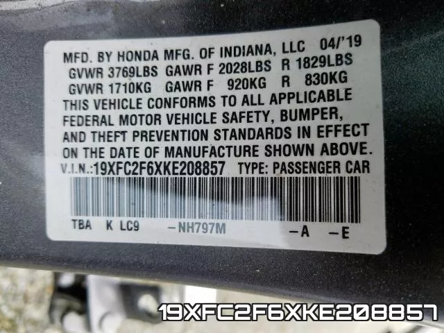 19XFC2F6XKE208857 фото 2
