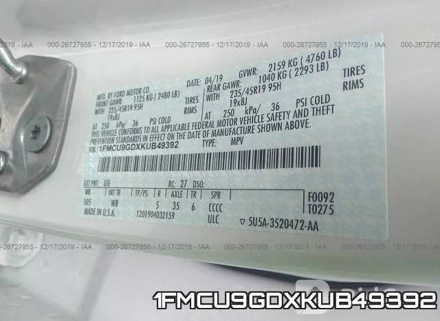 1FMCU9GDXKUB49392 фото 9